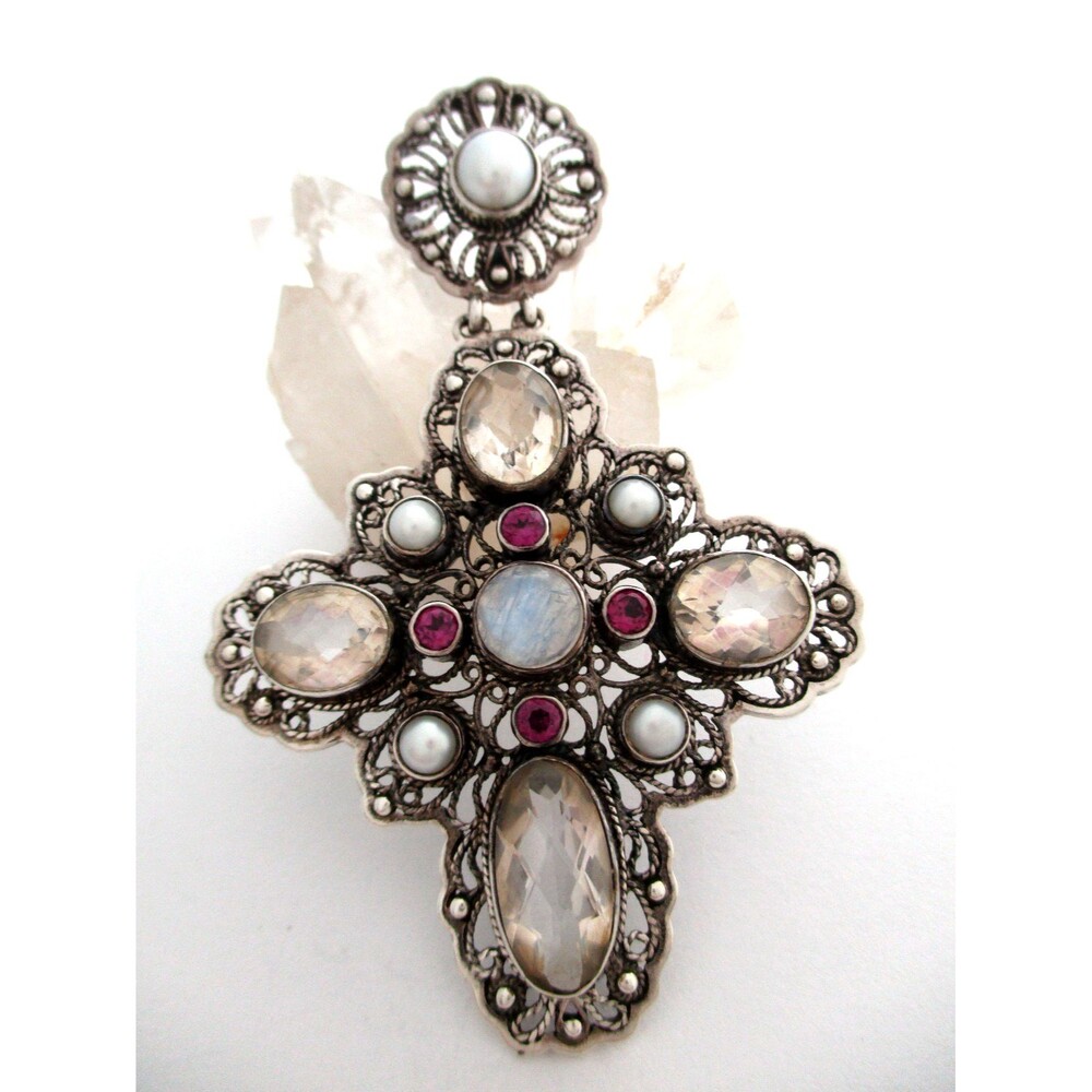 Nicky Butler Sterling Silver Gemstone Quartz Cross Pendant Pearl 16.8 Gram